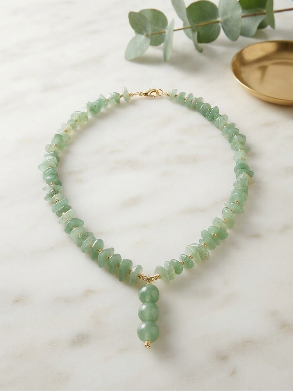Green Aventurine Gemstone Chip & Drop Bead Necklace - Healing Crystal Boho CC